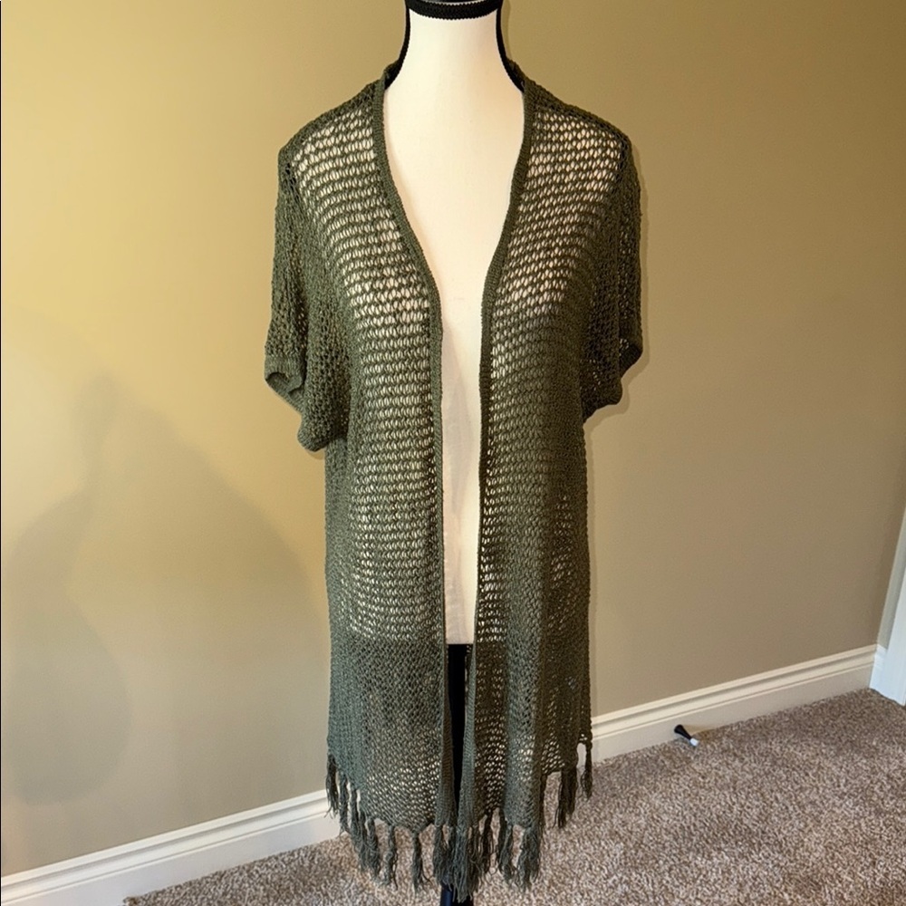 Warehouse One Vest Lagenlook Fringe Knit Long Olive Green Women's Size L - Picture 1 of 9